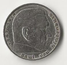 Pièce argent 2 reichsmark 1937 A Portrait Paul von Hindenburg