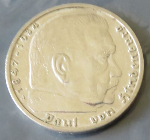 Pièce argent 5 reichsmark 1936 A Portrait Paul von Hindenburg