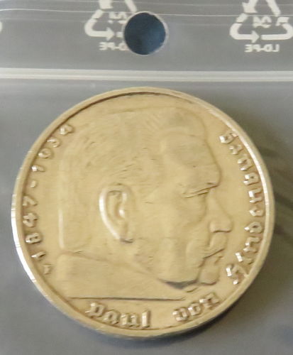 Pièce 5 reichsmark argent 1936 F Portrait Paul van Hindenburg