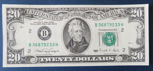BILLET 20 Dollars État Unis portrait d'Andrew Jackson Date 1990